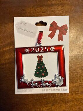 Red & Silver 2025 Christmas Ornament Frame With Reindeer & Sleigh 2"x2.5" By Stu